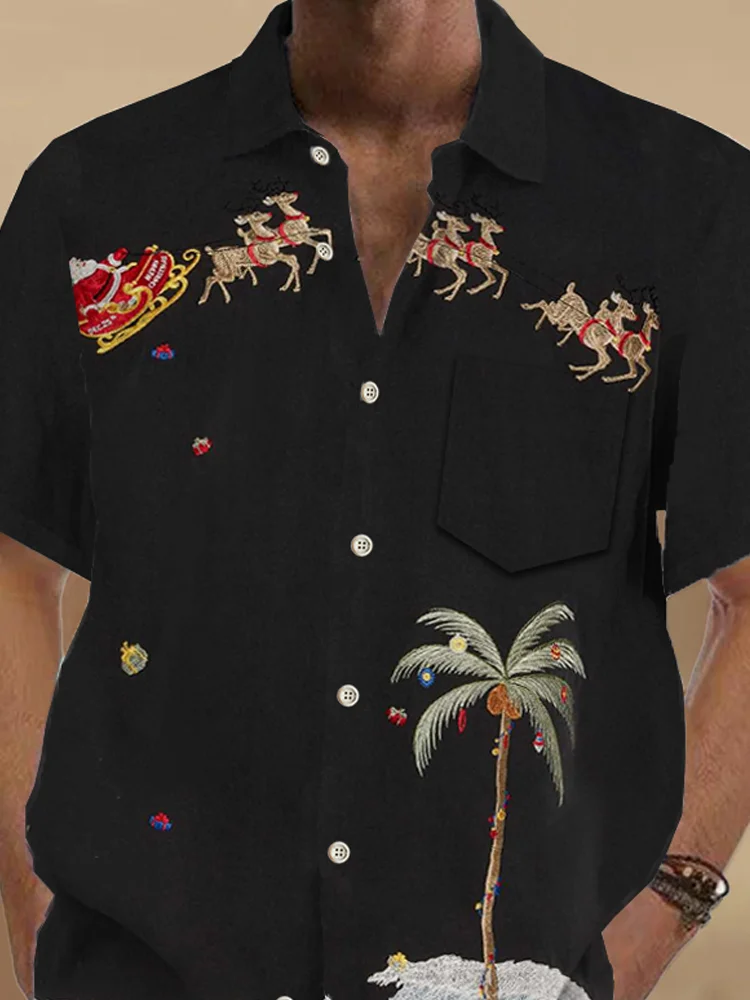 Royaura® Christmas Palm Tree Print Men's Holiday Chest Pocket Stretch Short Sleeve Shirt Big & Tall