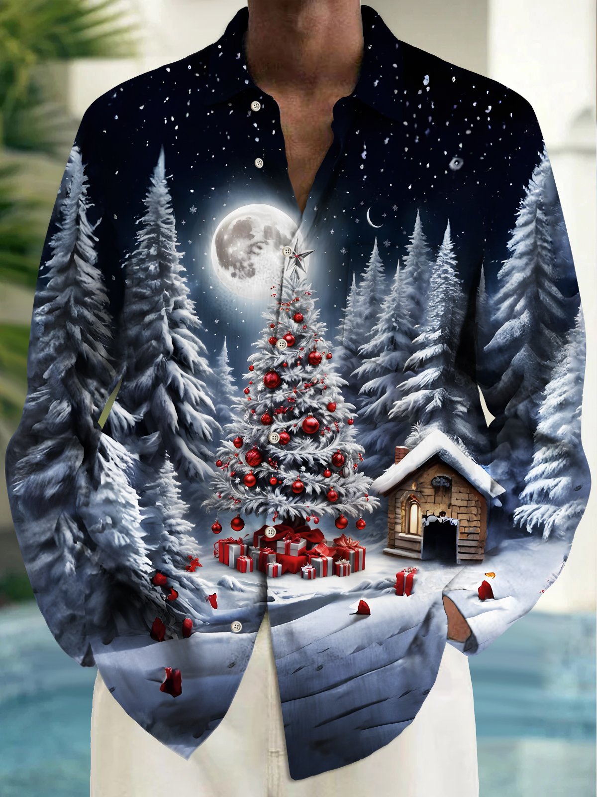 Royaura® Christmas Men's Christmas Tree Print Chest Pocket Stretch Long Sleeve Shirt Big Tall