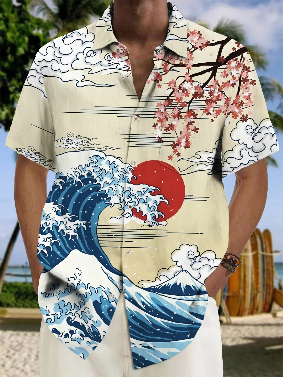 Royaura® Vintage Ukiyoe Wave Print Men's Chest Pocket Stretch Hawaiian Shirt Big Tall