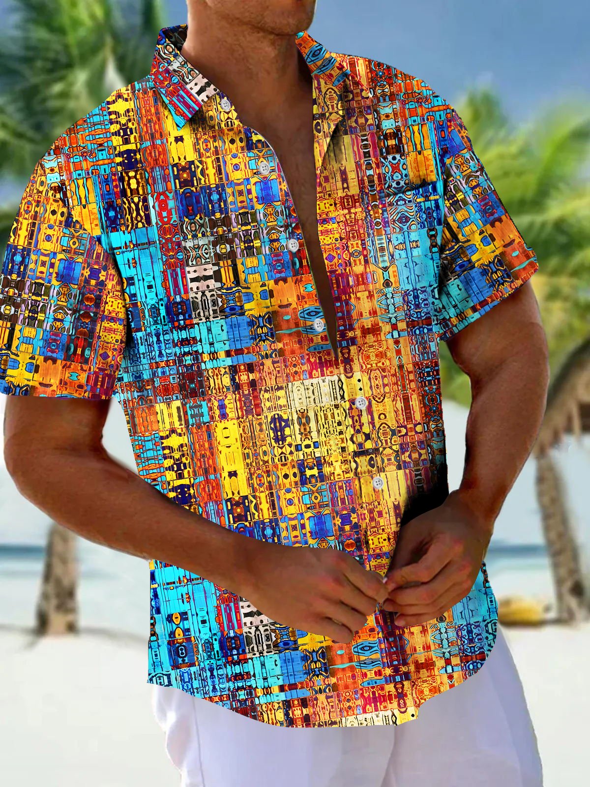 Royaura® Vintage Geometric Texture Print Men's Chest Pocket Stretch Hawaiian Shirt Big Tall