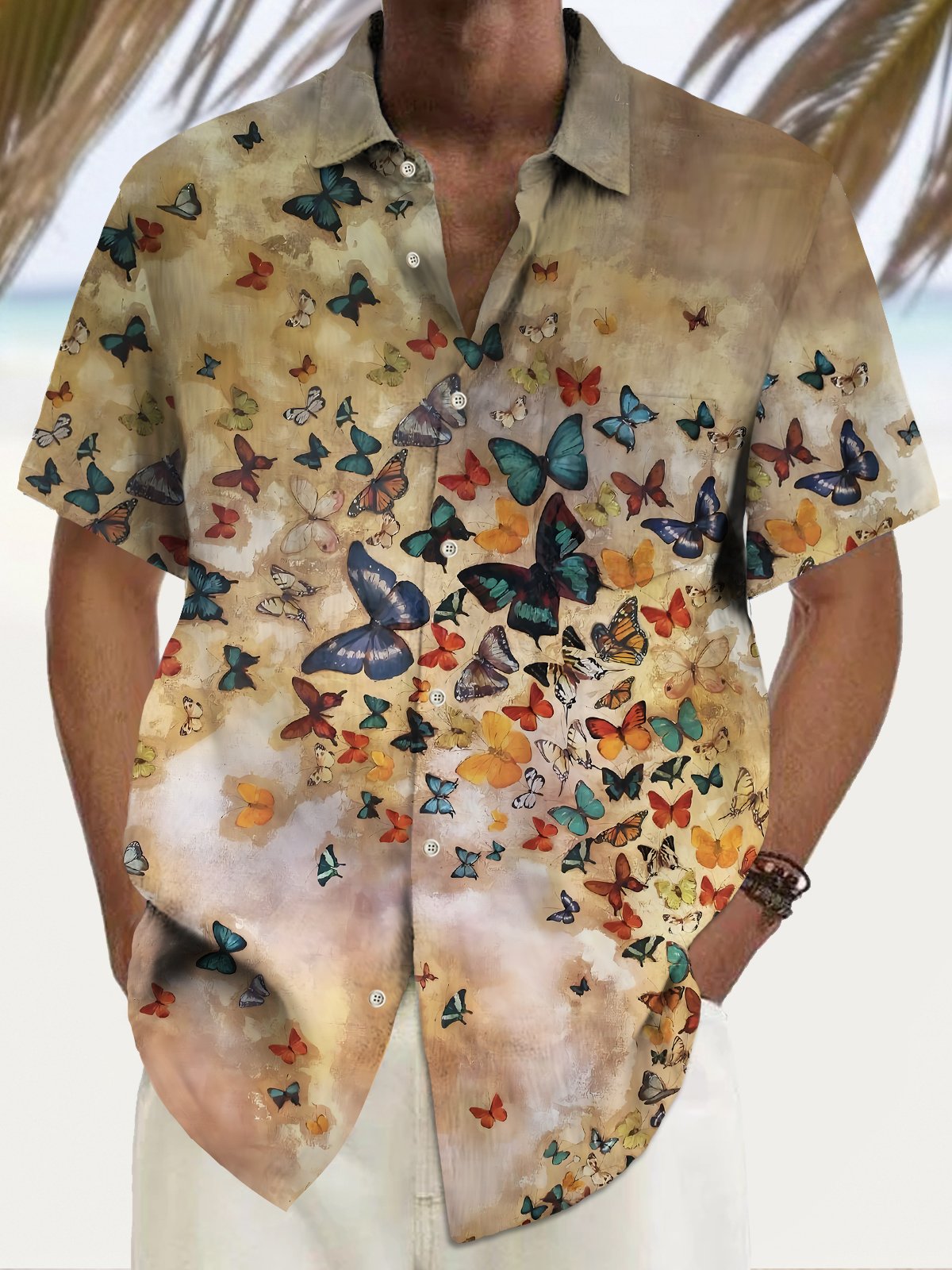 Royaura® Vintage Butterfly Print Men's Chest Pocket Stretch Hawaiian Shirt Big Tall