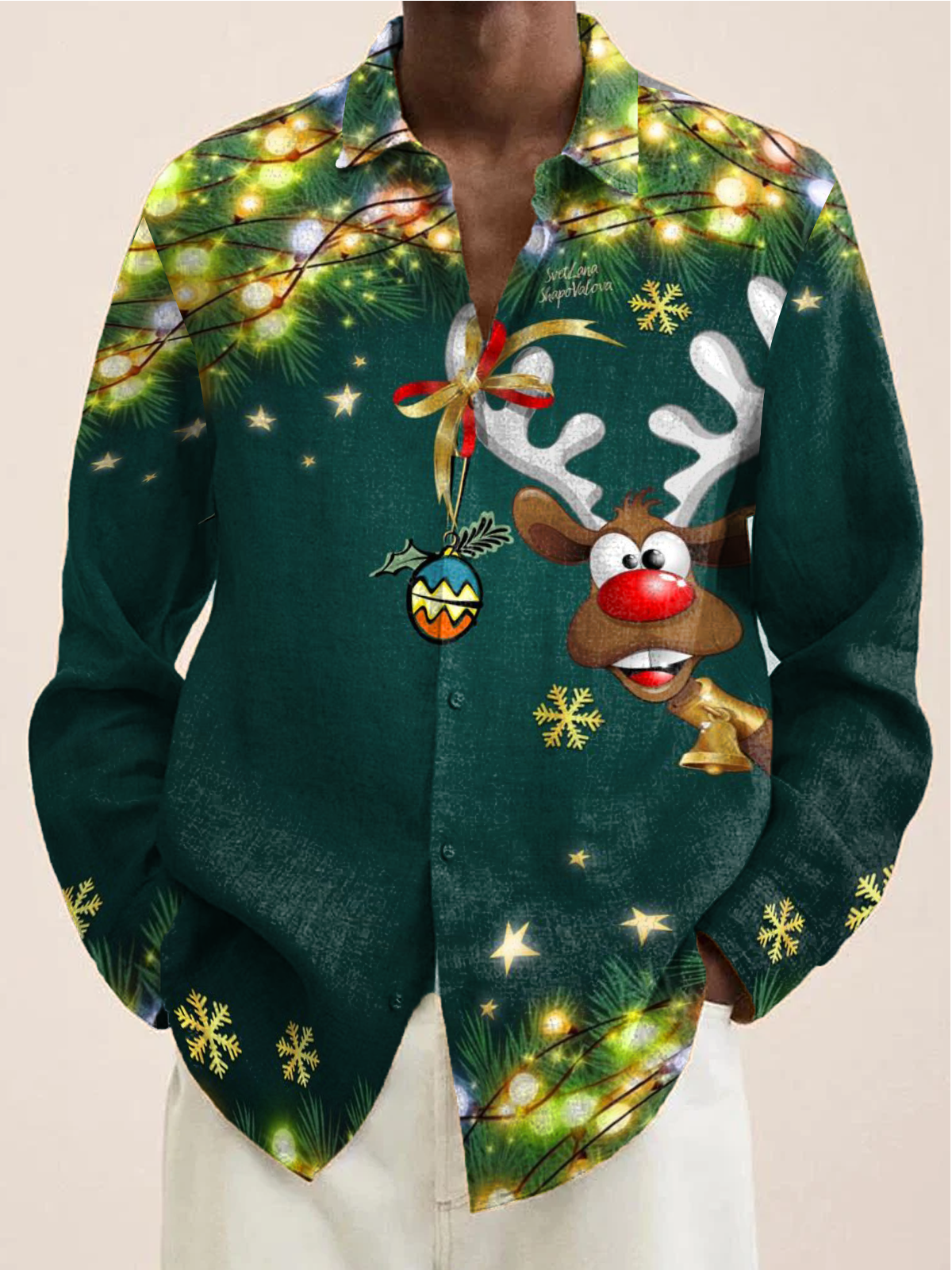 Royaura® Christmas Light Print Men's Holiday Chest Pocket Stretch Long Sleeve Shirt Big & Tall