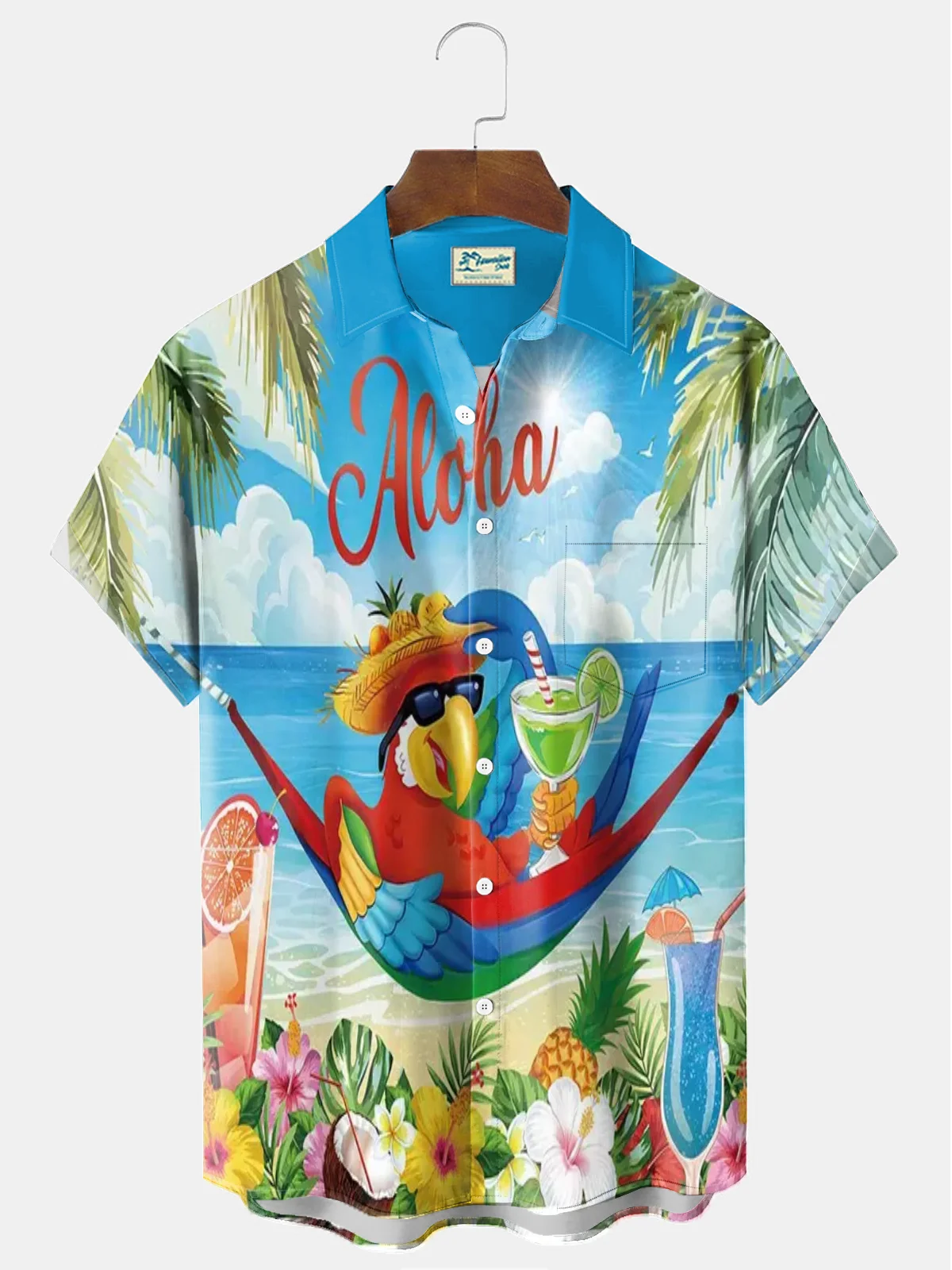 Royaura® Hawaiian Parrot Print Men's Chest Pocket Stretch Short Sleeve Shirt Big & Tall