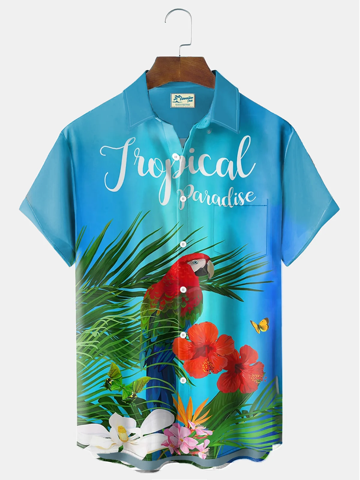 Royaura® Hawaiian Parrot Print Men's Chest Pocket Stretch Short Sleeve Shirt Big & Tall