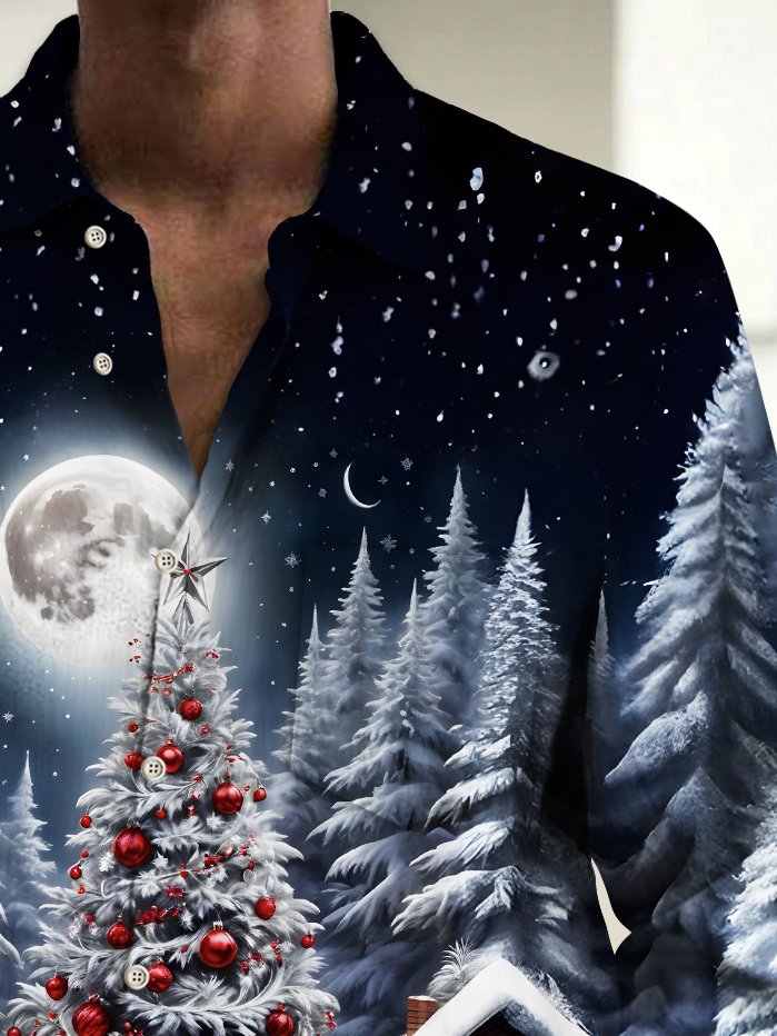 Royaura® Christmas Men's Christmas Tree Print Chest Pocket Stretch Long Sleeve Shirt Big Tall