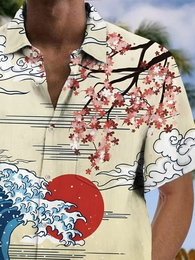 Royaura® Vintage Ukiyoe Wave Print Men's Chest Pocket Stretch Hawaiian Shirt Big Tall