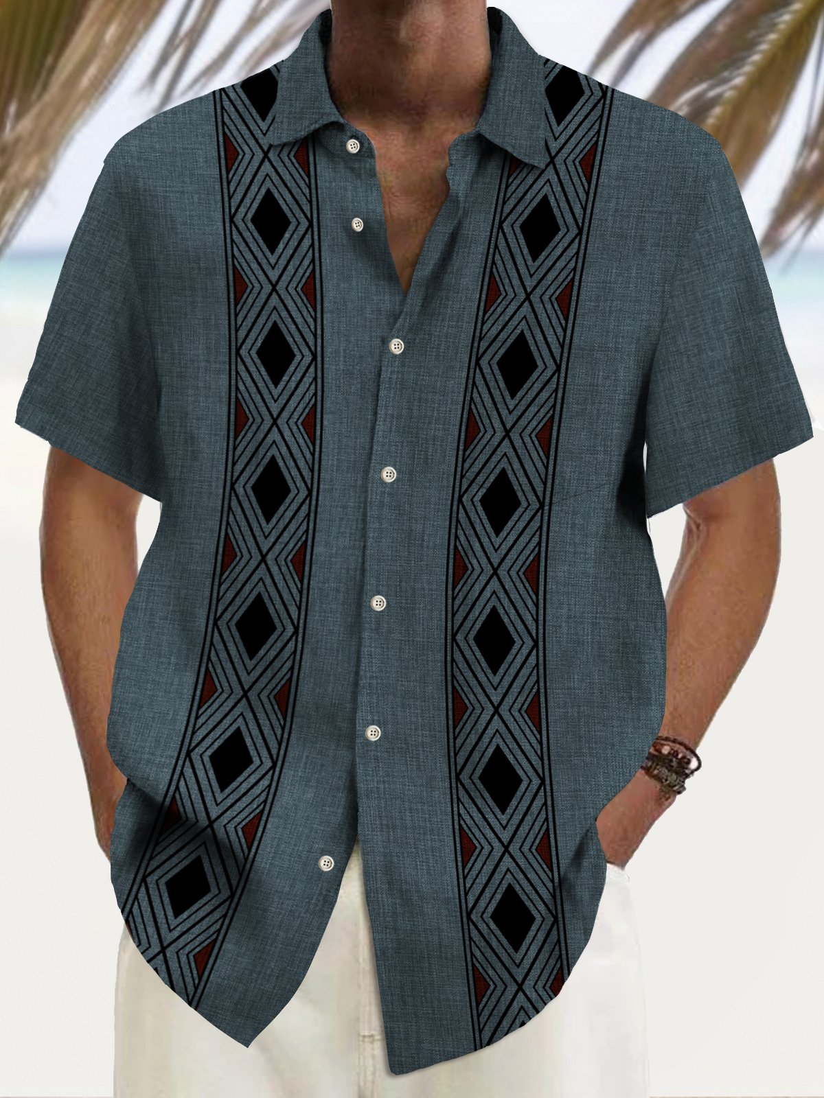 Royaura® Vintage Bowling Geometric Stripe Print Men's Chest Pocket Stretch Hawaiian Shirt Big Tall