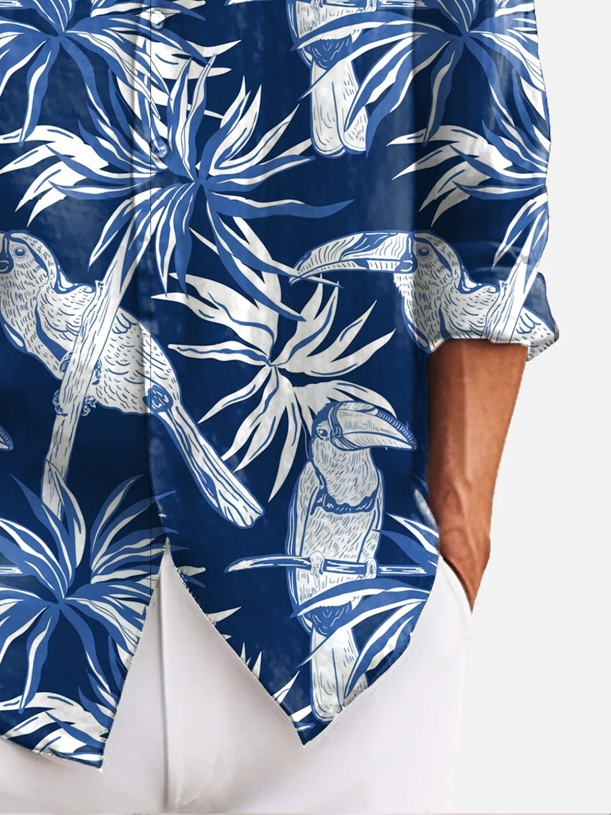 Royaura® Hawaiian Parrot Print Men's Chest Pocket Stretch Long Sleeve Shirt Big & Tall