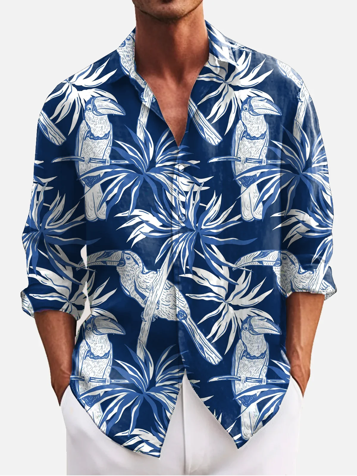 Royaura® Hawaiian Parrot Print Men's Chest Pocket Stretch Long Sleeve Shirt Big & Tall