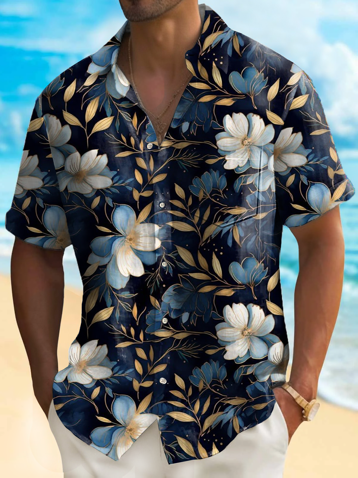 Royaura® Hawaiian Floral Print Men's Chest Pocket Stretch Short Sleeve Shirt Big & Tall