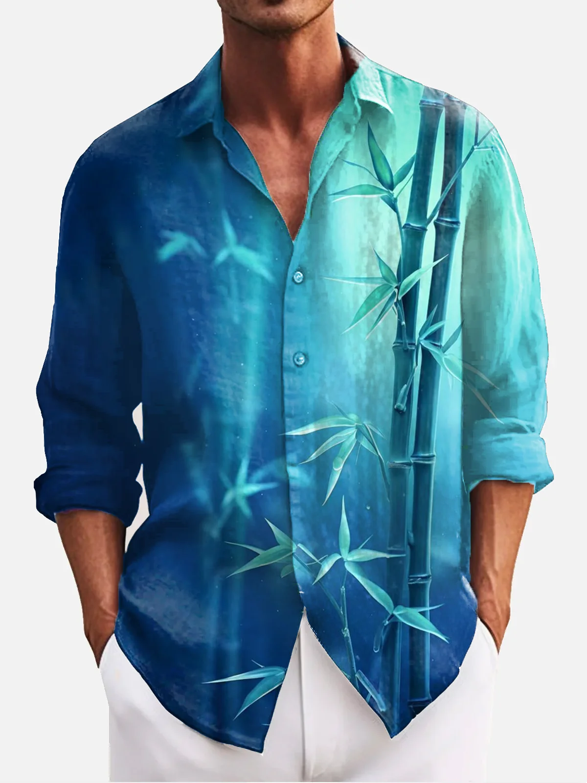 Royaura® Hawaiian Bamboo Gradient Print Men's Chest Pocket Stretch Long Sleeve Shirt Big & Tall