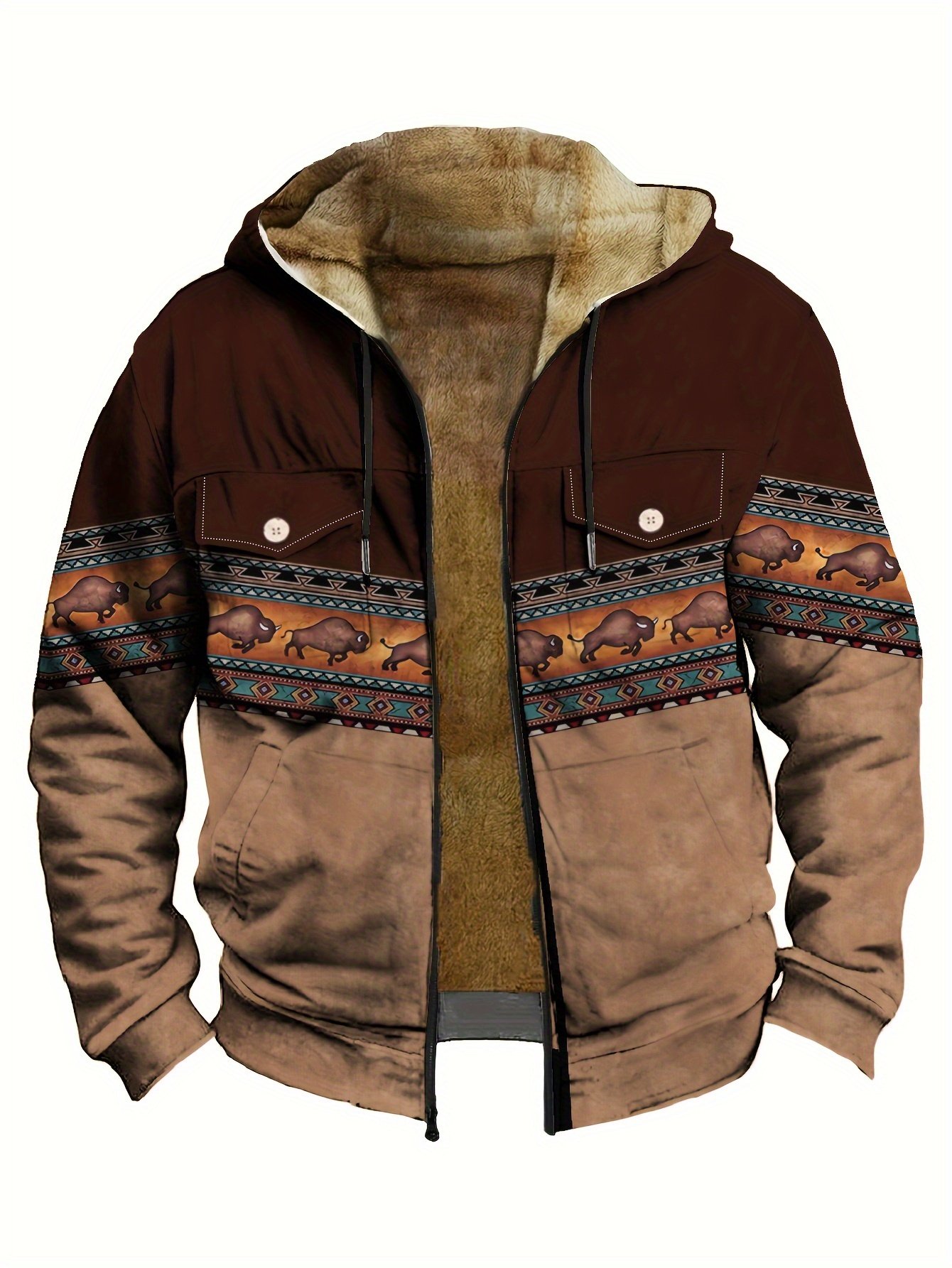 Royaura® Western Ethnic Geometric Print Men's Drawstring Hooded Zipper Sweatshirt Big & Tall