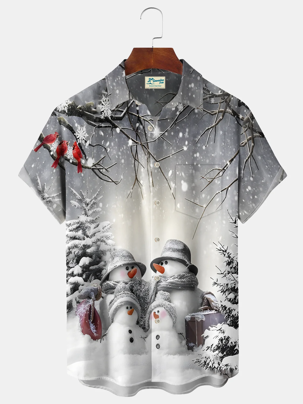 Royaura® Christmas Men's Snowman Print Chest Pocket Stretch Hawaiian Shirt Big Tall