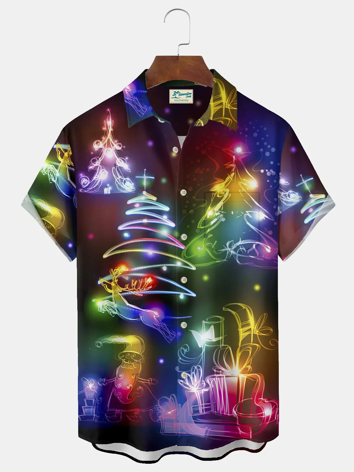 Royaura® Christmas Men's Neon Christmas Tree Elk Print Chest Pocket Stretch Hawaiian Shirt Big Tall