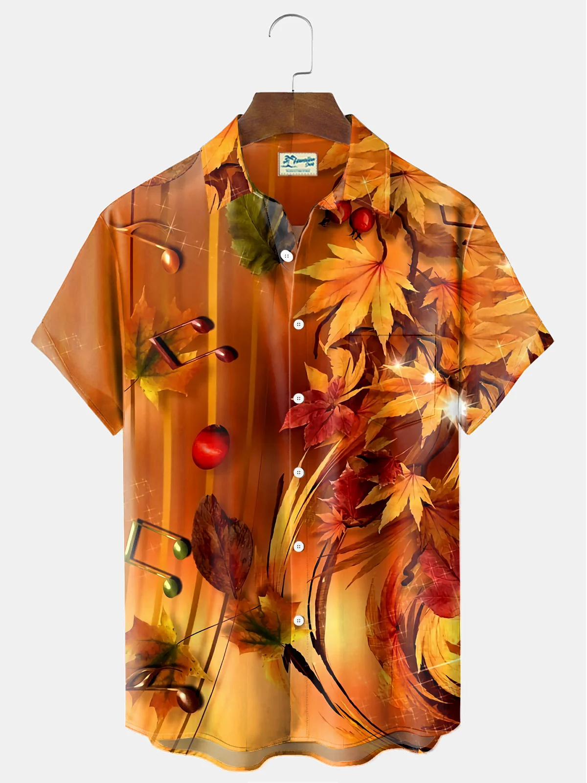 Royaura® Thanksgiving Day Music Print Men's Holiday Chest Pocket Stretch Short Sleeve Shirt Big & Tall