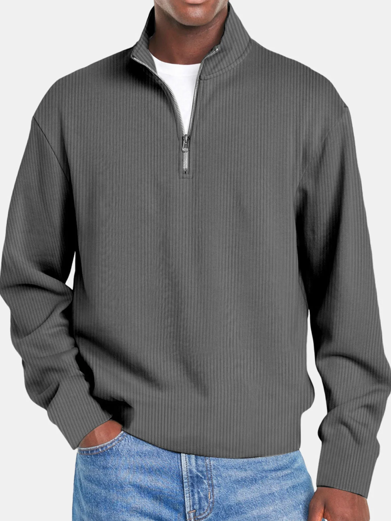 Royaura® Corduroy Basic Stripe Men's Long Sleeve Zipper Sweatshirt Big & Tall