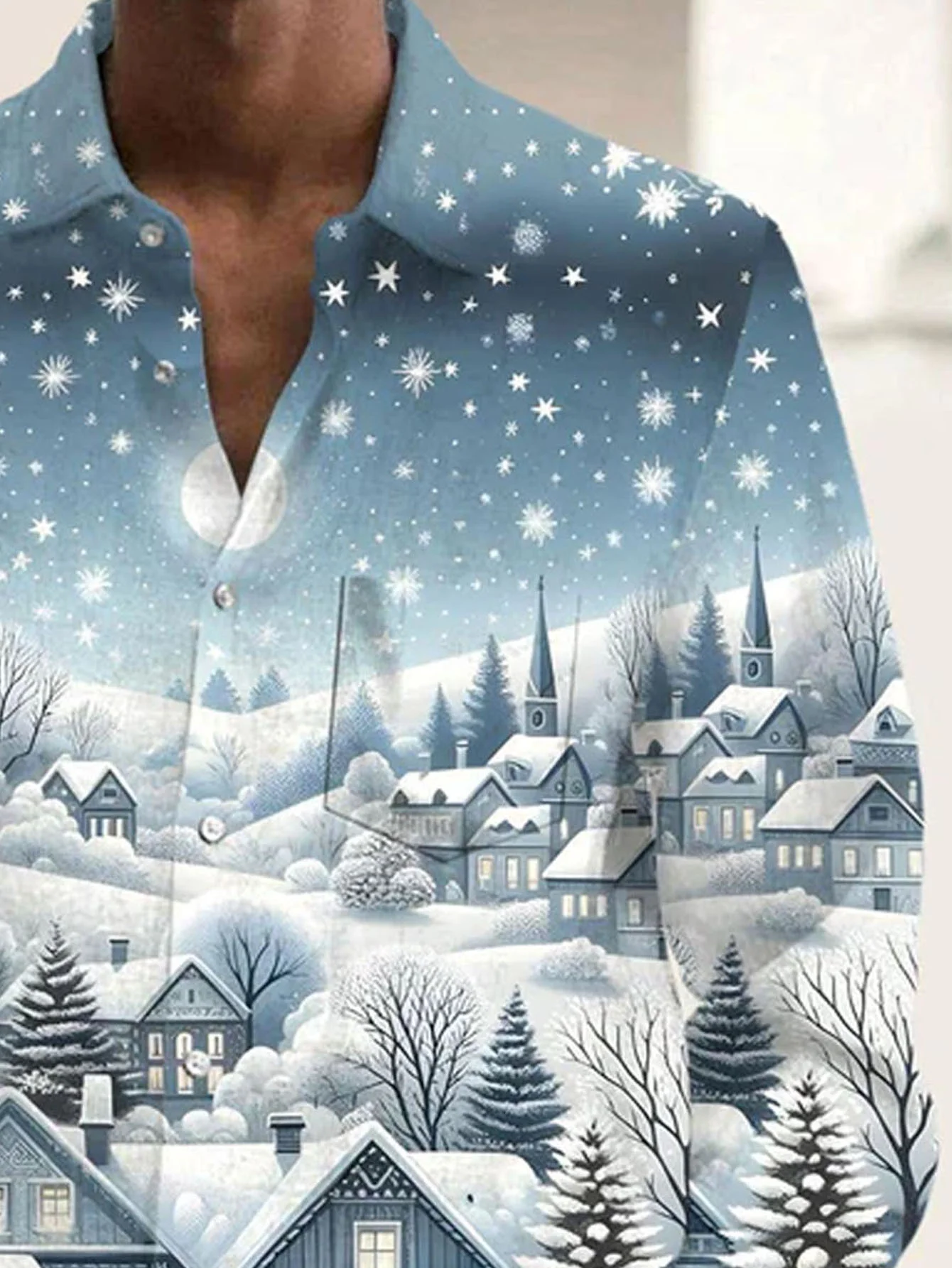 Royaura® Christmas Igloo Print Men's Button Pocket Long Sleeve Shirt Big & Tall