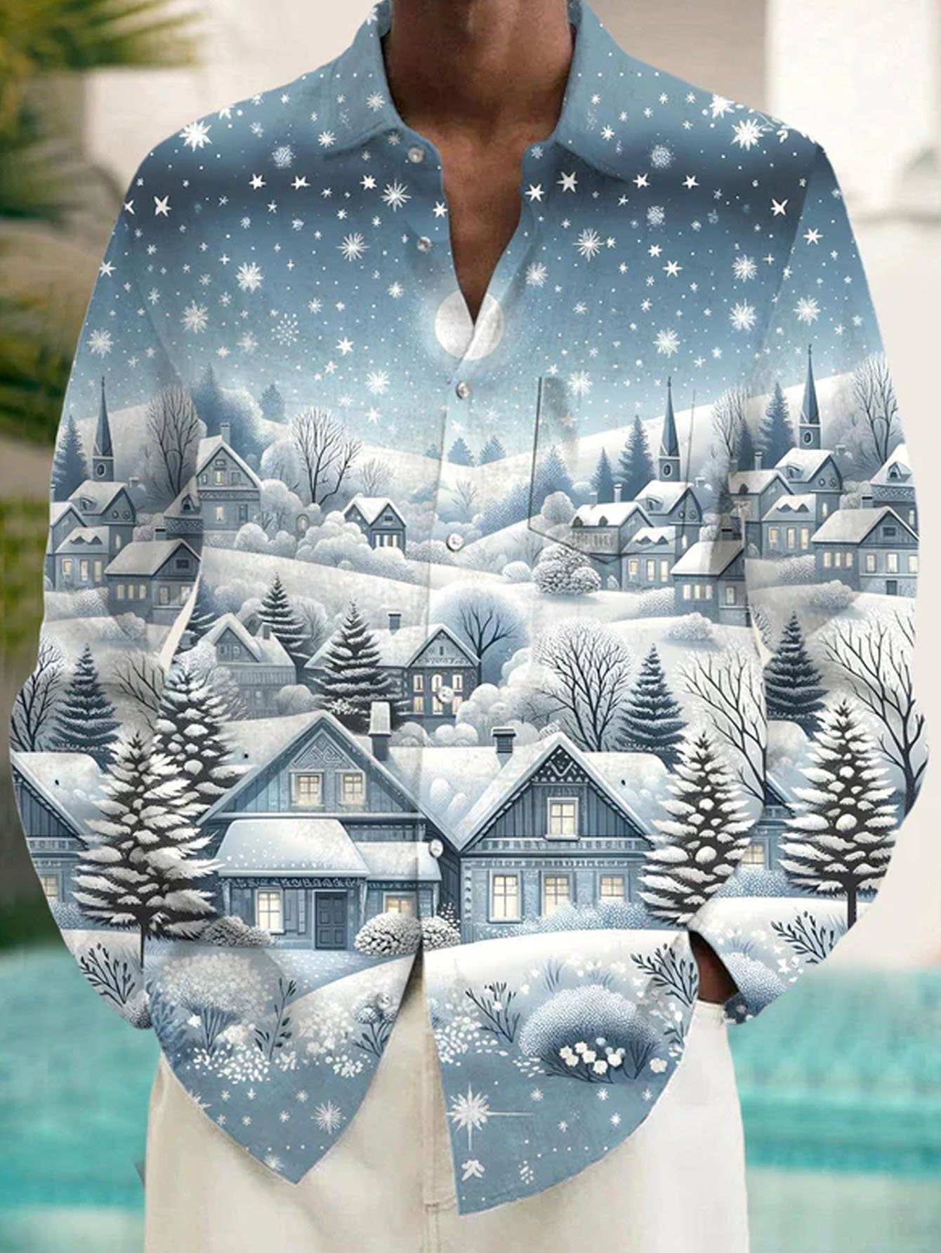 Royaura® Christmas Igloo Print Men's Button Pocket Long Sleeve Shirt Big & Tall