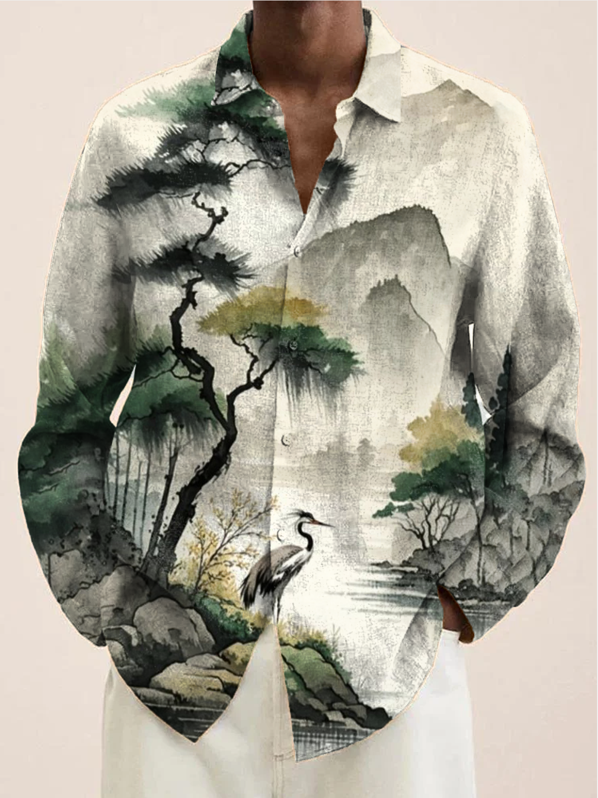 Royaura® Hawaiian Landscape Print Men's Tropical Chest Pocket Stretch Long Sleeve Shirt Big & Tall