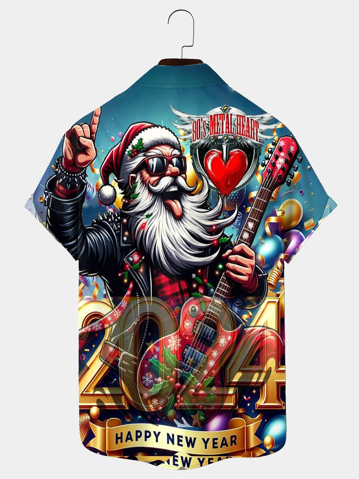 Royaura® Christmas Rock Santa Claus Guitar Print Men's Holiday Chest Pocket Stretch Short Sleeve Shirt Big & Tall