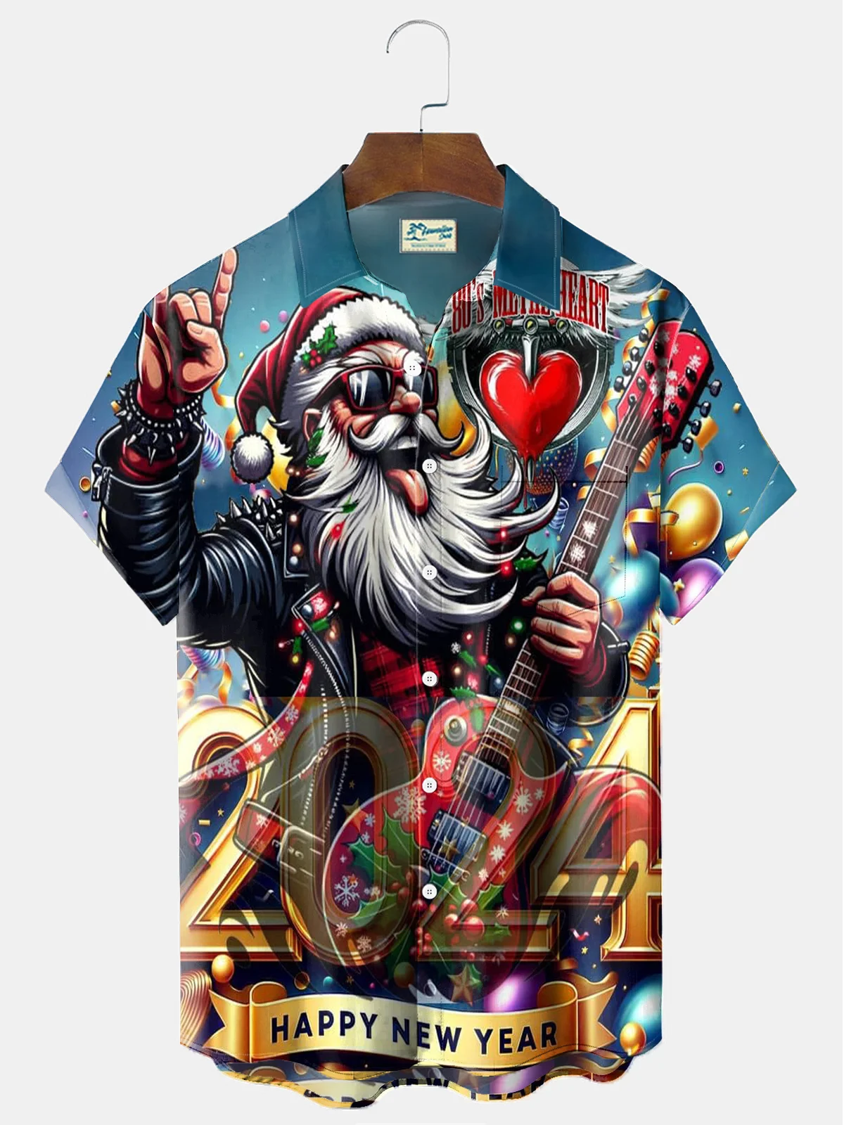 Royaura® Christmas Rock Santa Claus Guitar Print Men's Holiday Chest Pocket Stretch Short Sleeve Shirt Big & Tall