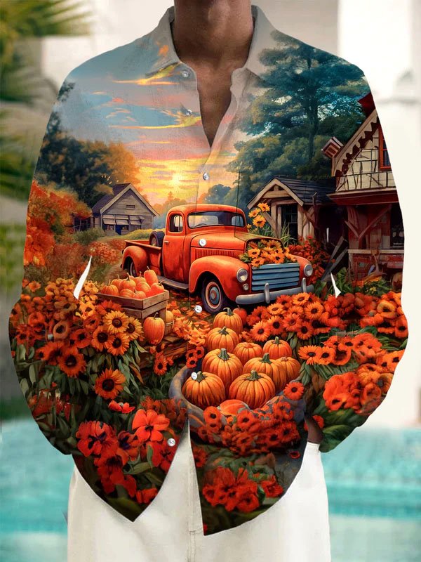 Royaura® Thanksgiving Pumpkin Print Men's Button Pocket Long Sleeve Shirt Big & Tall