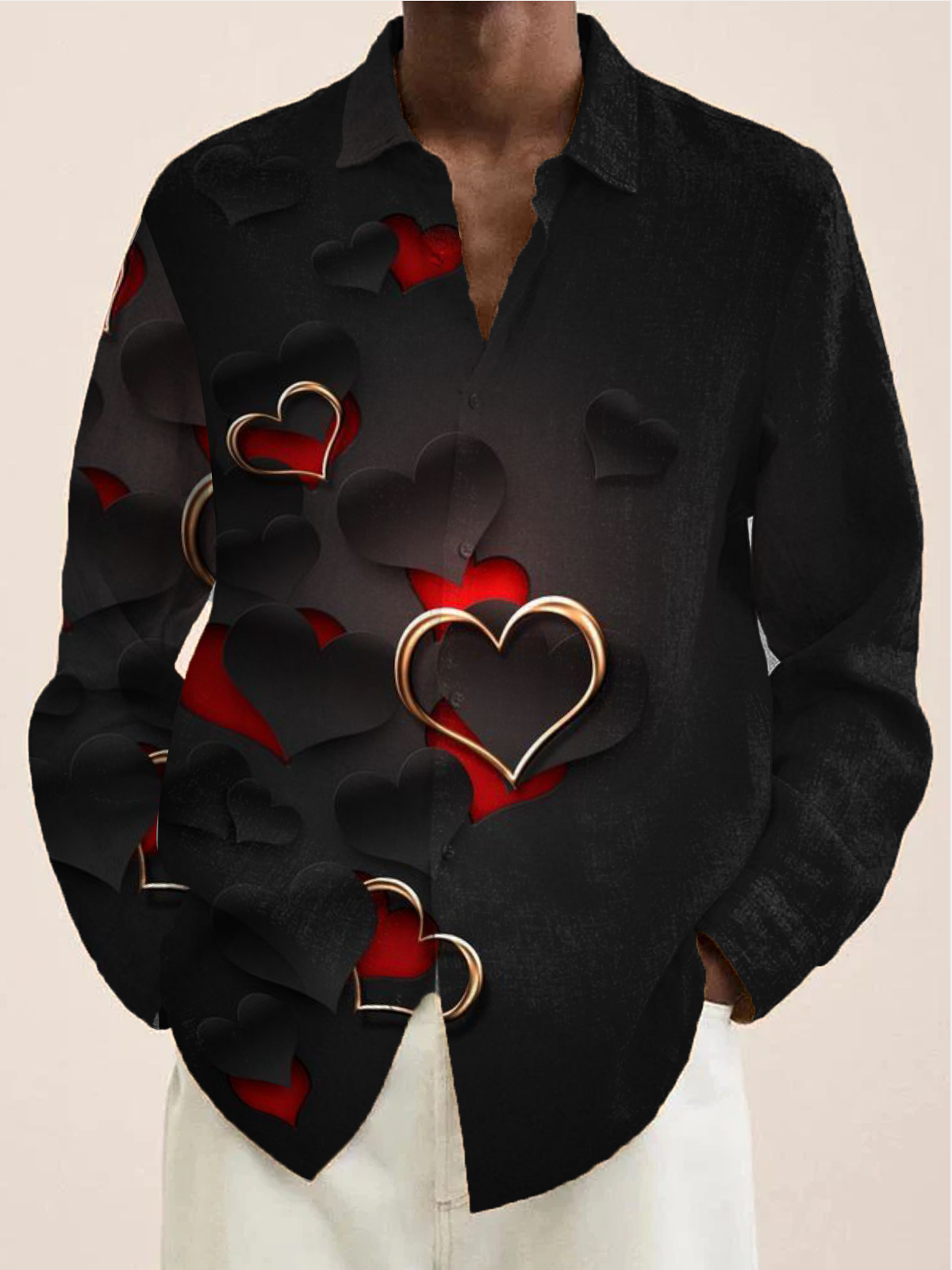 Royaura® Valentine's Day Love Print Men's Holiday Chest Pocket Stretch Long Sleeve Shirt Big & Tall