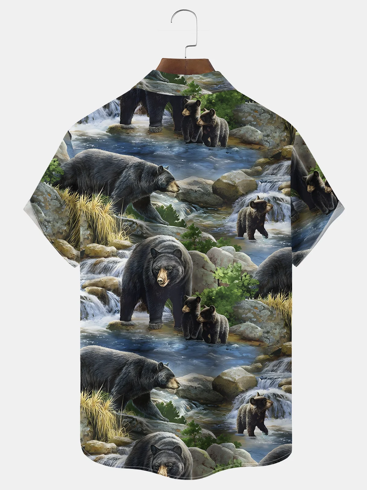 Royaura® Vintage Animal Bear Print Men's Chest Pocket Stretch Hawaiian Shirt Big Tall