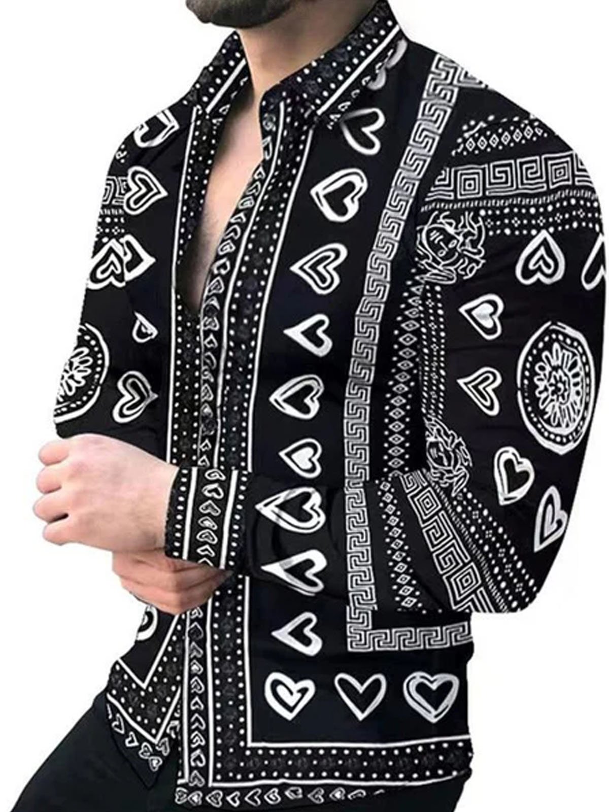 Royaura® Vintage Geometric Print Men's Button Pocket Long Sleeve Shirt Big & Tall