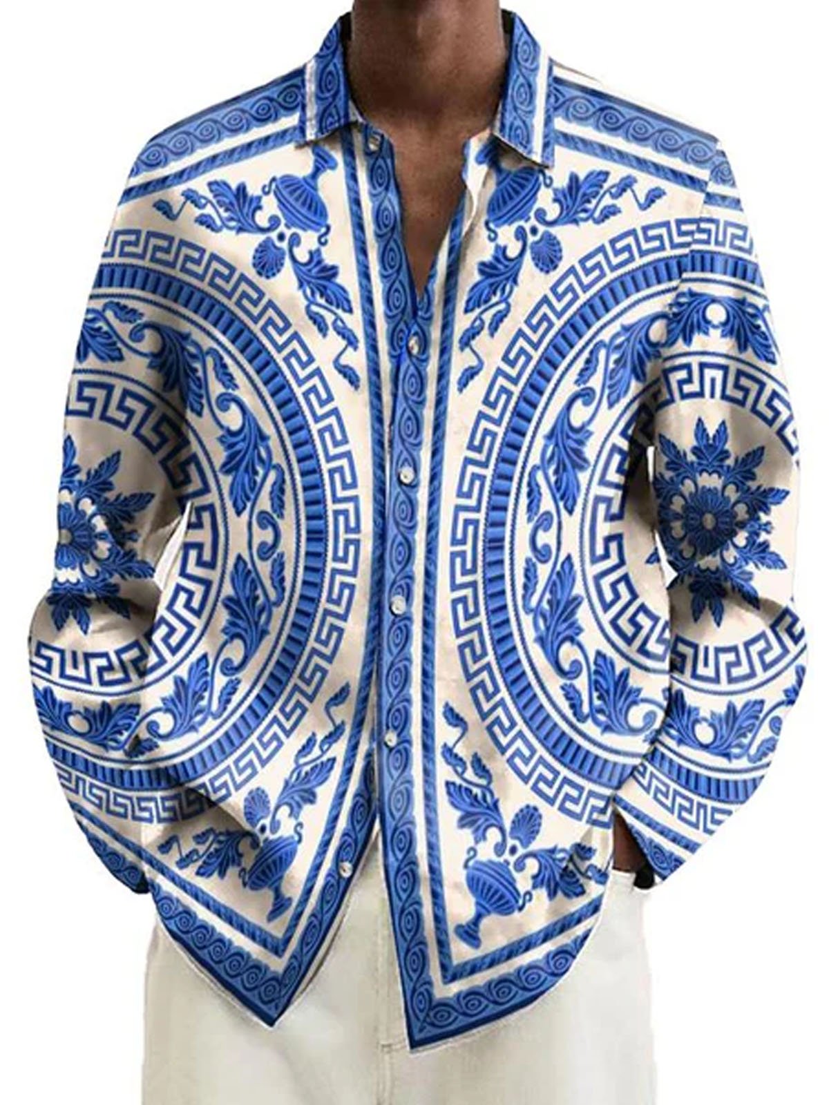 Royaura® Retro Geometric Flower Print Men's Button Pocket Long Sleeve Shirt Big & Tall