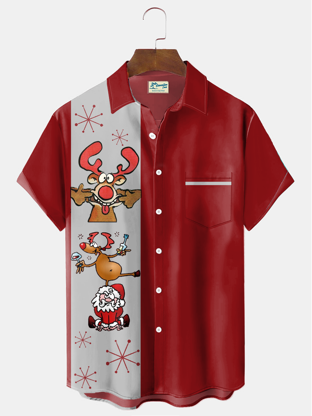 Royaura® Christmas Santa Claus Elk Print Men's Holiday Bowling Chest Pocket Stretch Short Sleeve Shirt Big & Tall