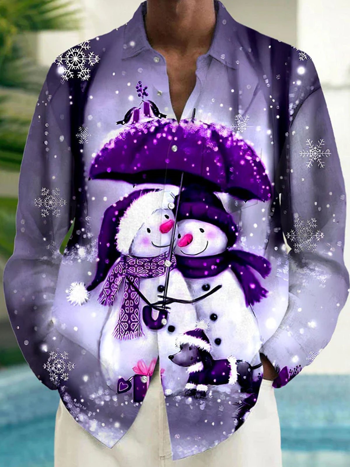 Royaura® Christmas Snowman Print Men's Button Pocket Long Sleeve Shirt Big & Tall