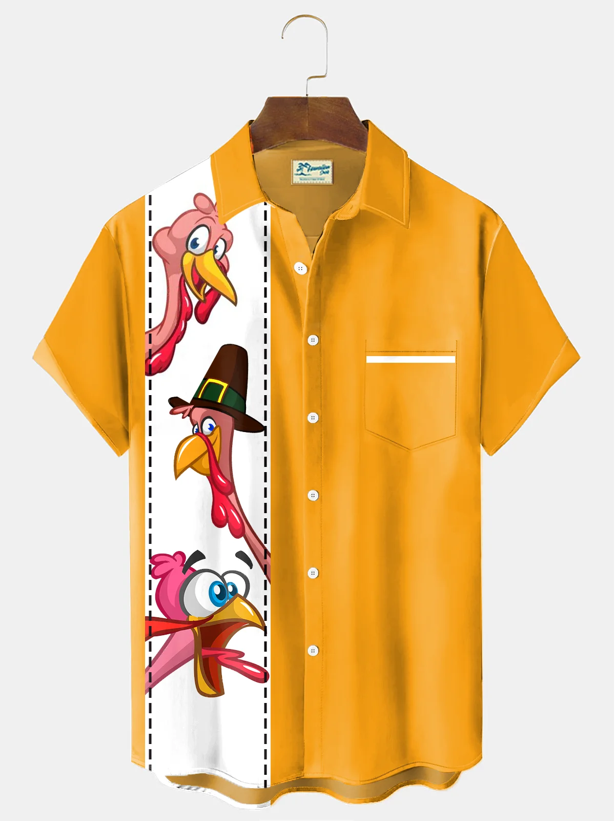 Royaura® Thanksgiving Turkey Print Men's Holiday Bowling Chest Pocket Stretch Short Sleeve Shirt Big & Tall