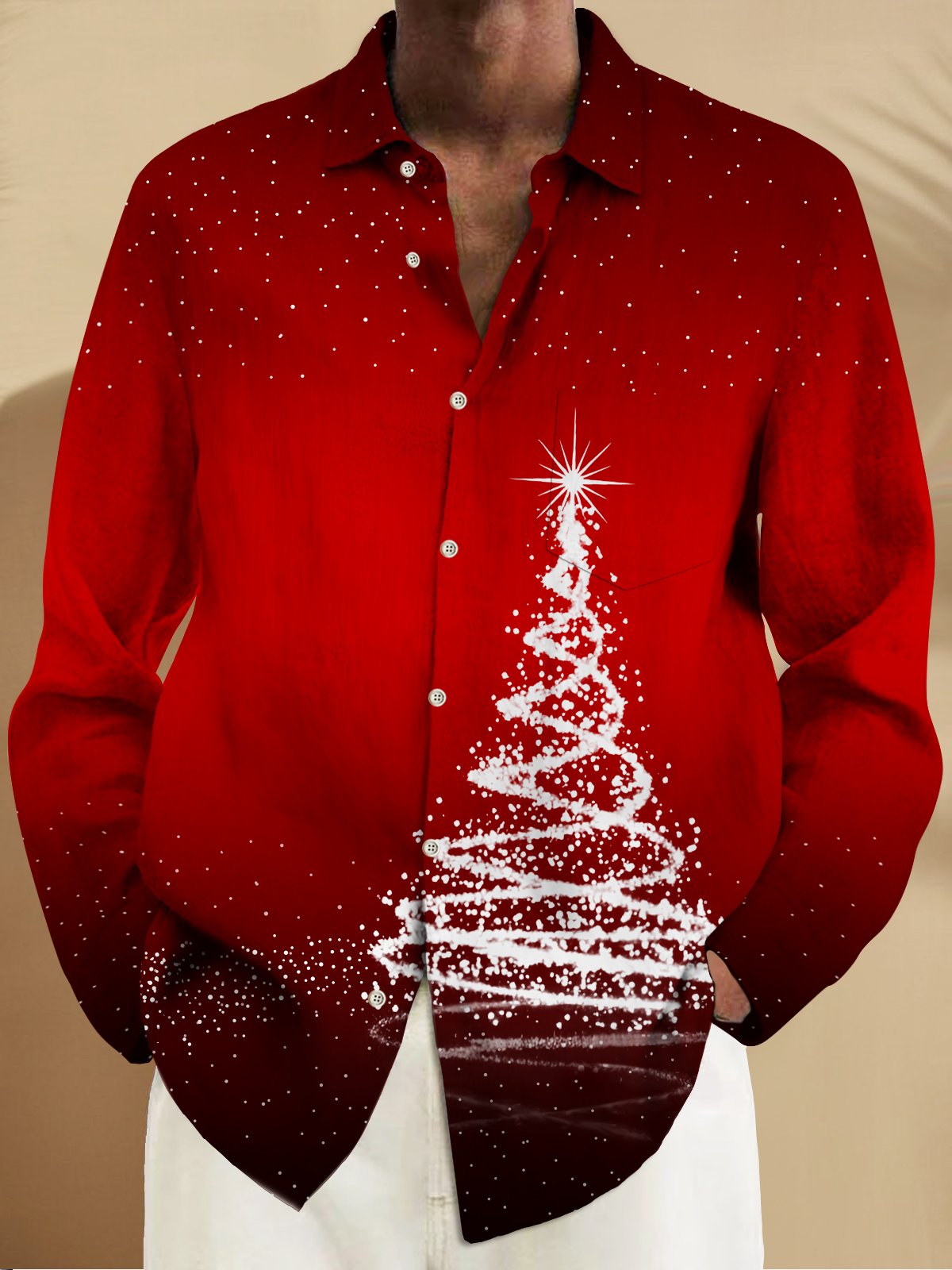 Royaura® Christmas Men's Christmas Tree Gradient Print Chest Pocket Stretch Long Sleeve Shirt Big Tall