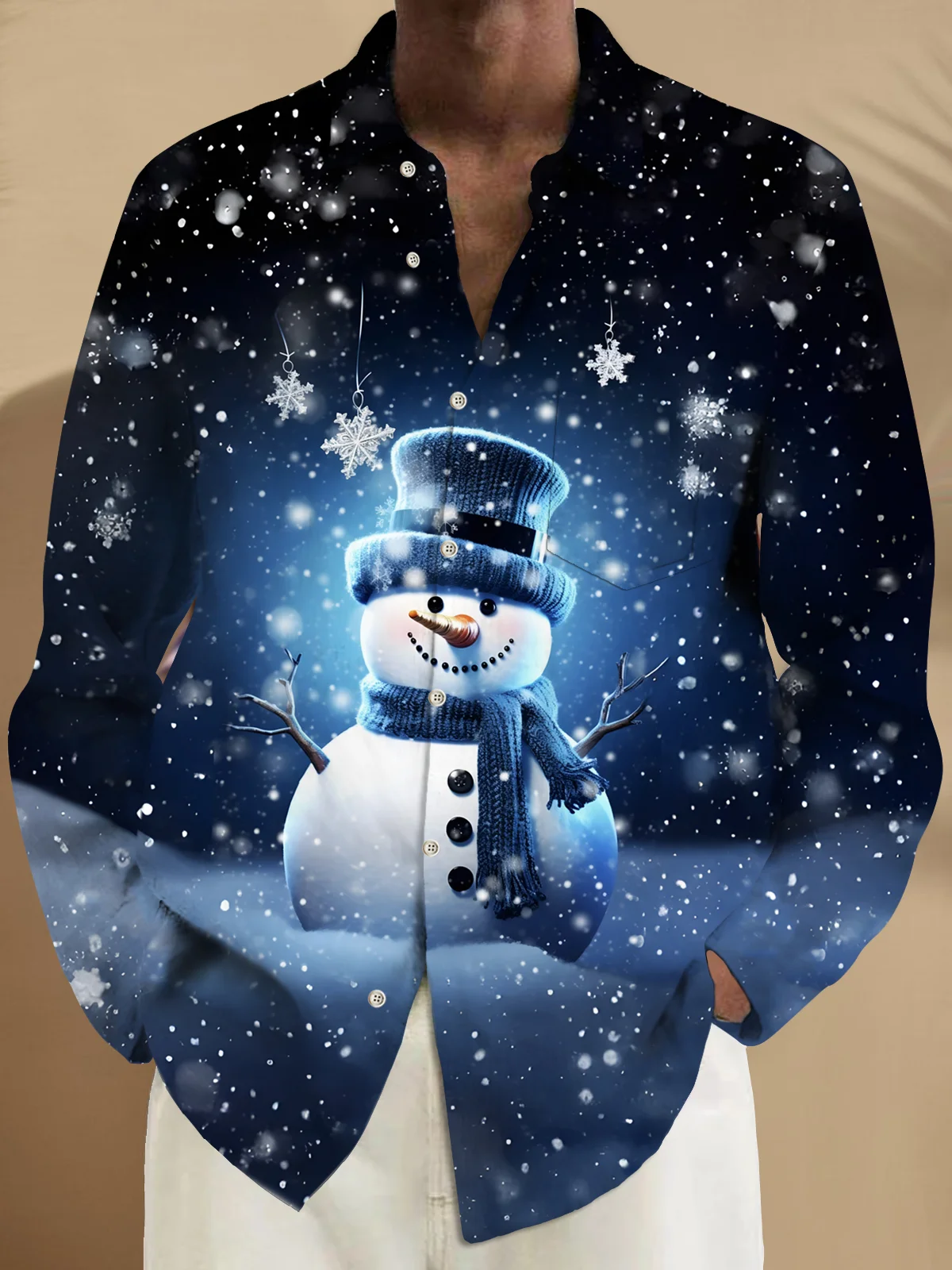 Royaura® Christmas Men's Christmas Snowman Print Chest Pocket Stretch Long Sleeve Shirt Big Tall