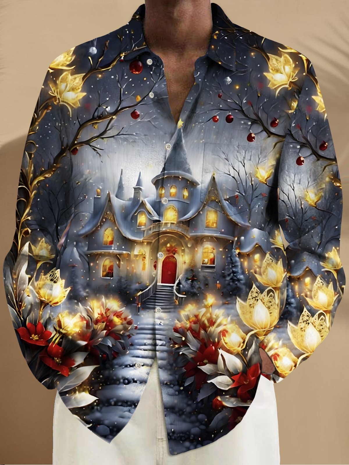 Royaura® Christmas Men's Castle Gold Floral Print Chest Pocket Stretch Long Sleeve Shirt Big Tall