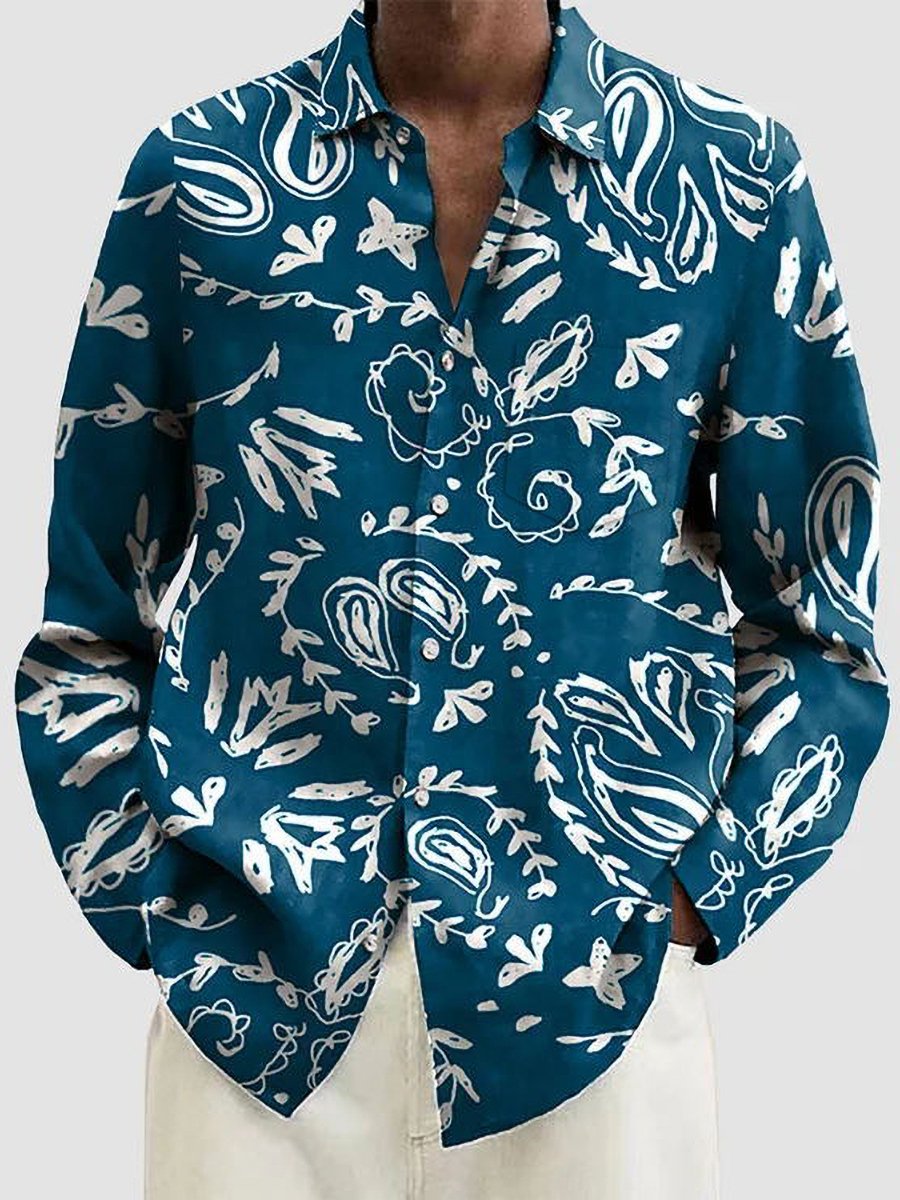 Royaura® Vintage Men's Paisley Print Chest Pocket Stretch Long Sleeve Shirt Big Tall