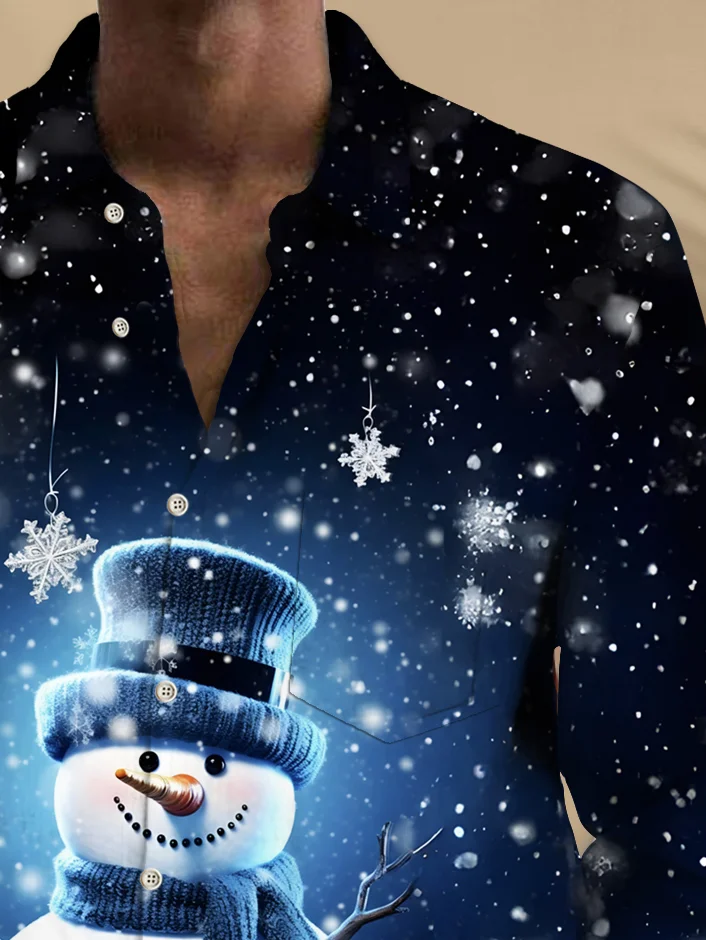 Royaura® Christmas Men's Christmas Snowman Print Chest Pocket Stretch Long Sleeve Shirt Big Tall