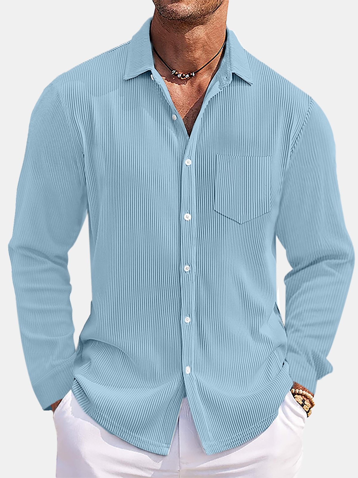 Royaura® Basic Men's Solid Color Loose And Comfortable Vertical Striped Chest Pocket Stretch Long Sleeved Shirt Big Tall