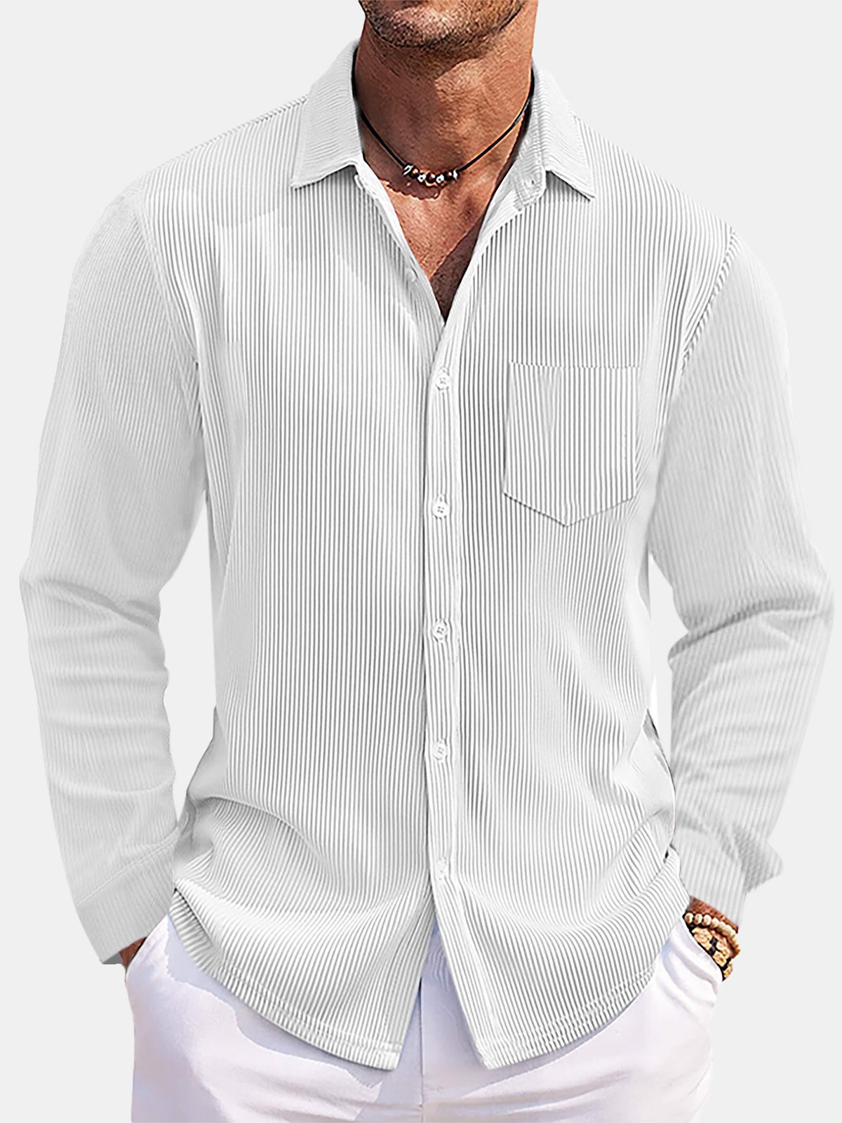 Royaura® Basic Men's Solid Color Loose And Comfortable Vertical Striped Chest Pocket Stretch Long Sleeved Shirt Big Tall