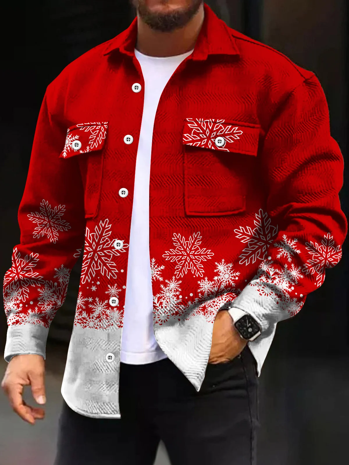 Royaura® Christmas Men's Snowflake Print Button Wide Stripe Corduroy Cardigan Pocket Jacket