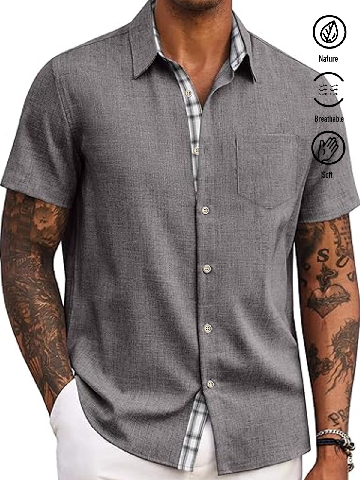 Royaura® Plaid Average Bamboo Hemp Print Men's Button Pocket Short Sleeve Shirt Big & Tall