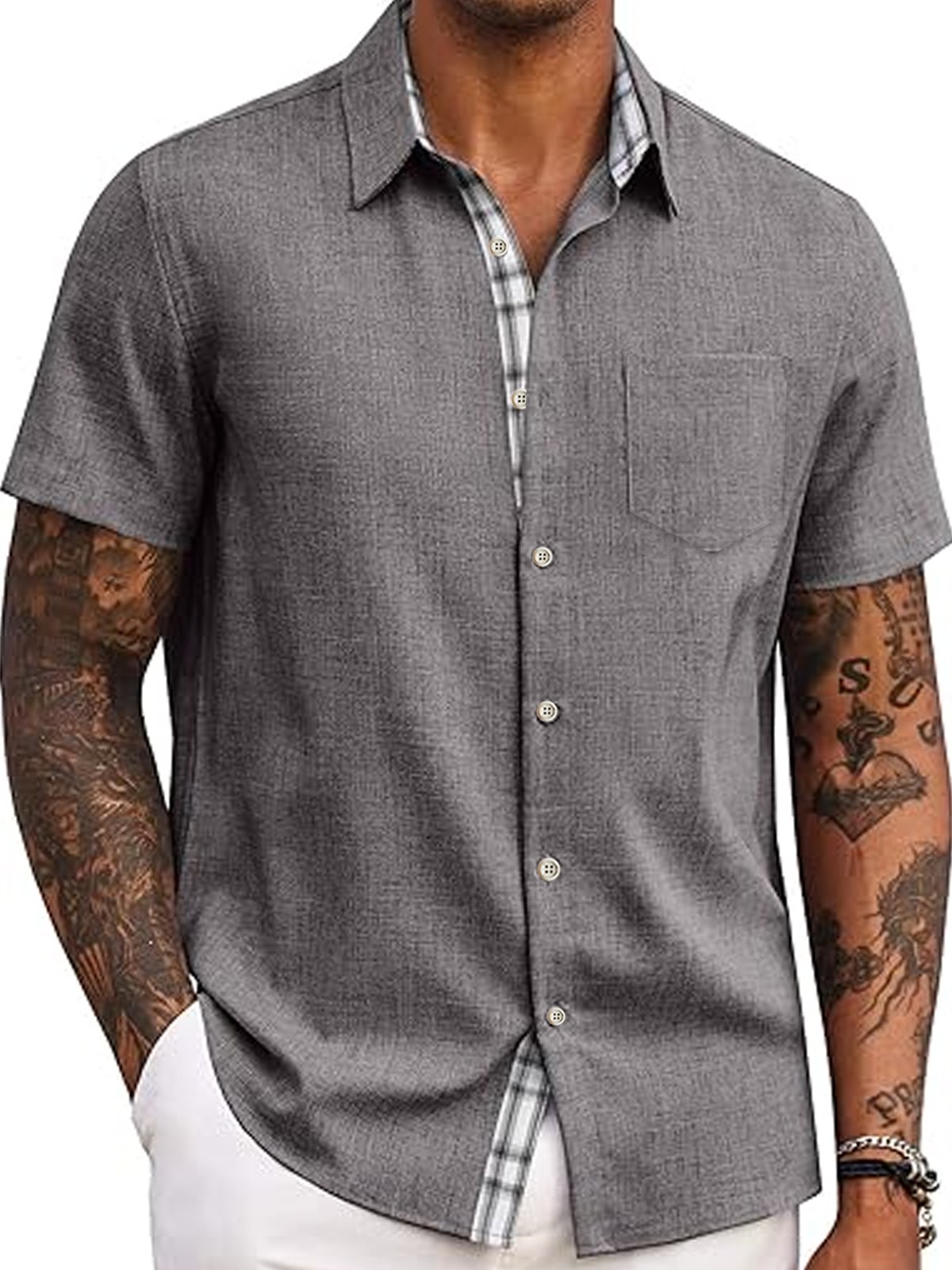 Royaura® Plaid Average Bamboo Hemp Print Men's Button Pocket Short Sleeve Shirt Big & Tall