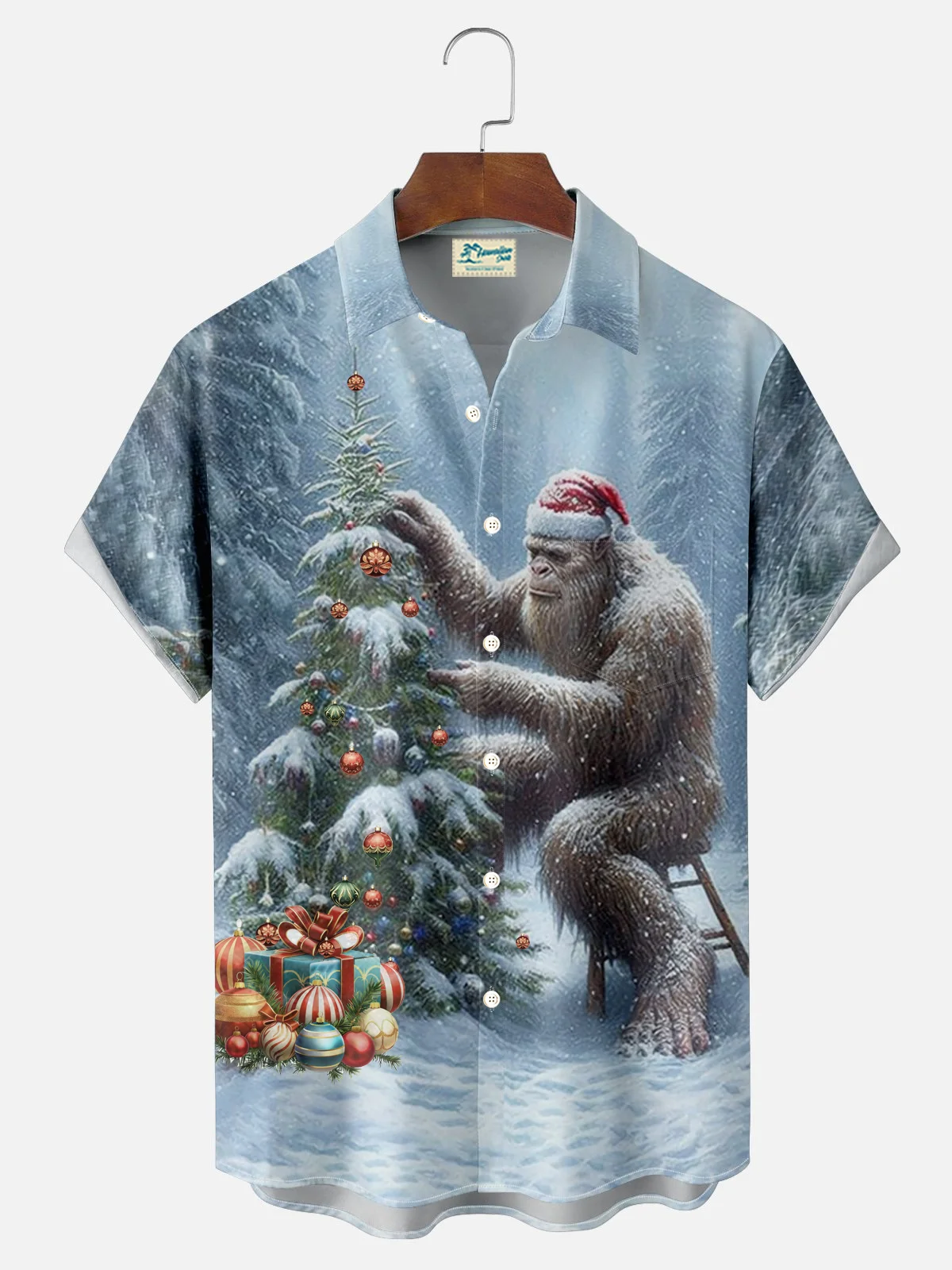 Royaura® Christmas Gorilla Christmas Tree Print Men's Button Pocket Short Sleeve Shirt Big & Tall