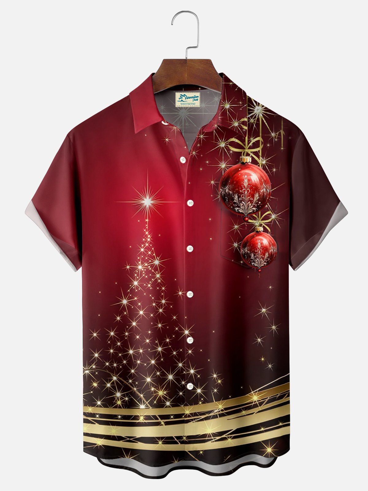 Royaura® Red Christmas Ball Print Men's Button Pocket Short Sleeve Shirt Big & Tall