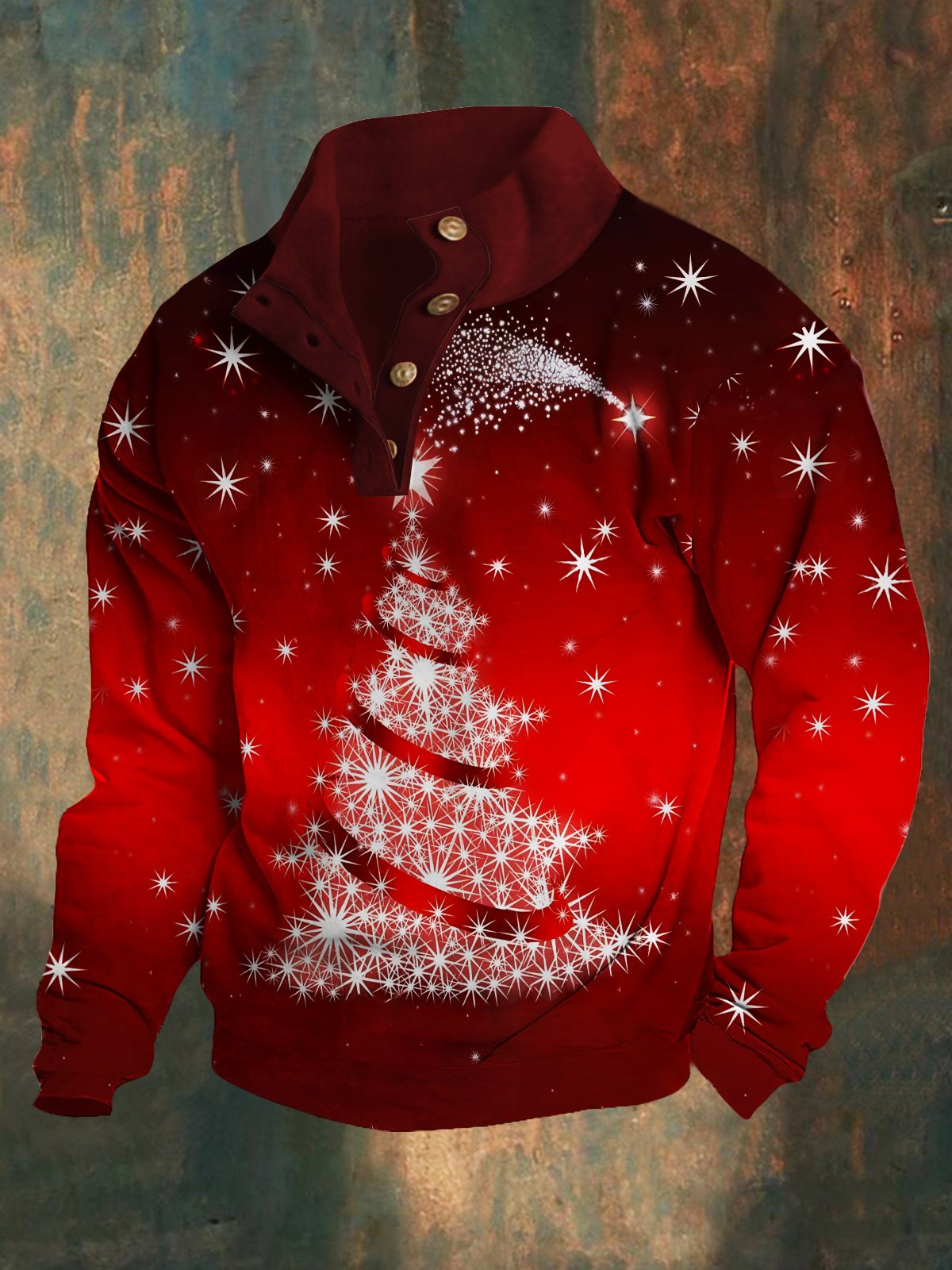 Royaura® Christmas Men's Shiny Christmas Tree Print Men's Button-Down Stand Collar Sweatshirt