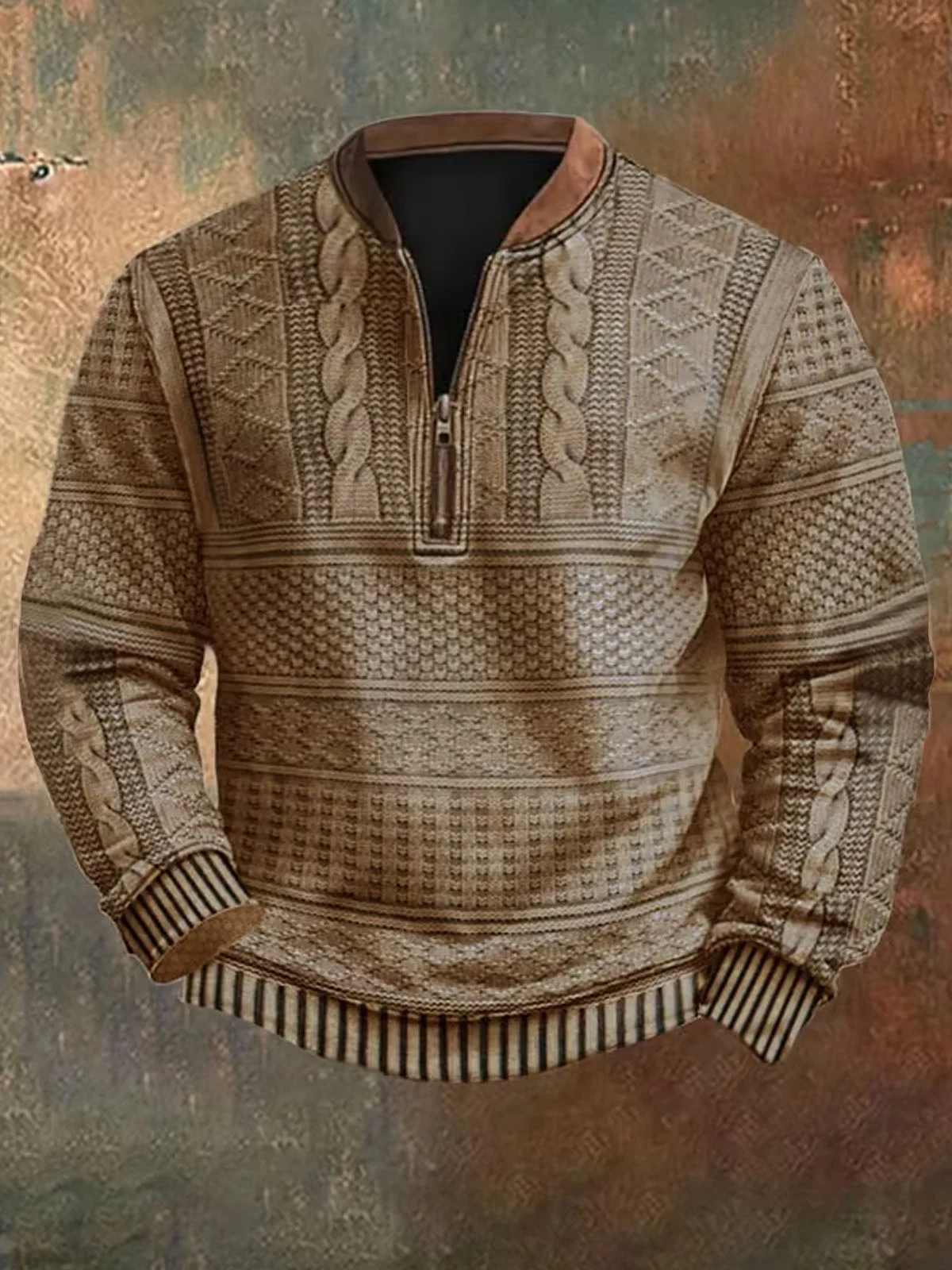 Royaura® Retro Plaid Texture 3D Digital Printing Men's Zipper Sweatshirt Big & Tall