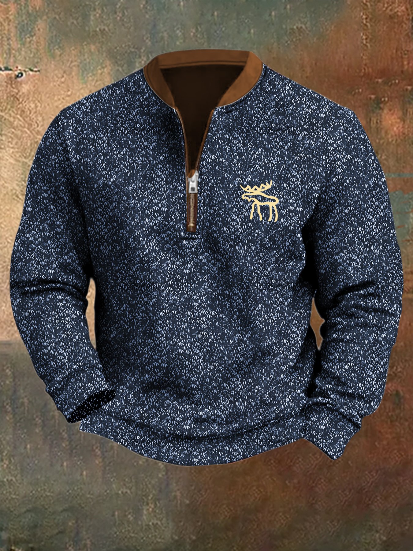 Royaura® Vintage Western Abstract Textured Print Men's Stand Collar Zip Oversized Sweatshirt