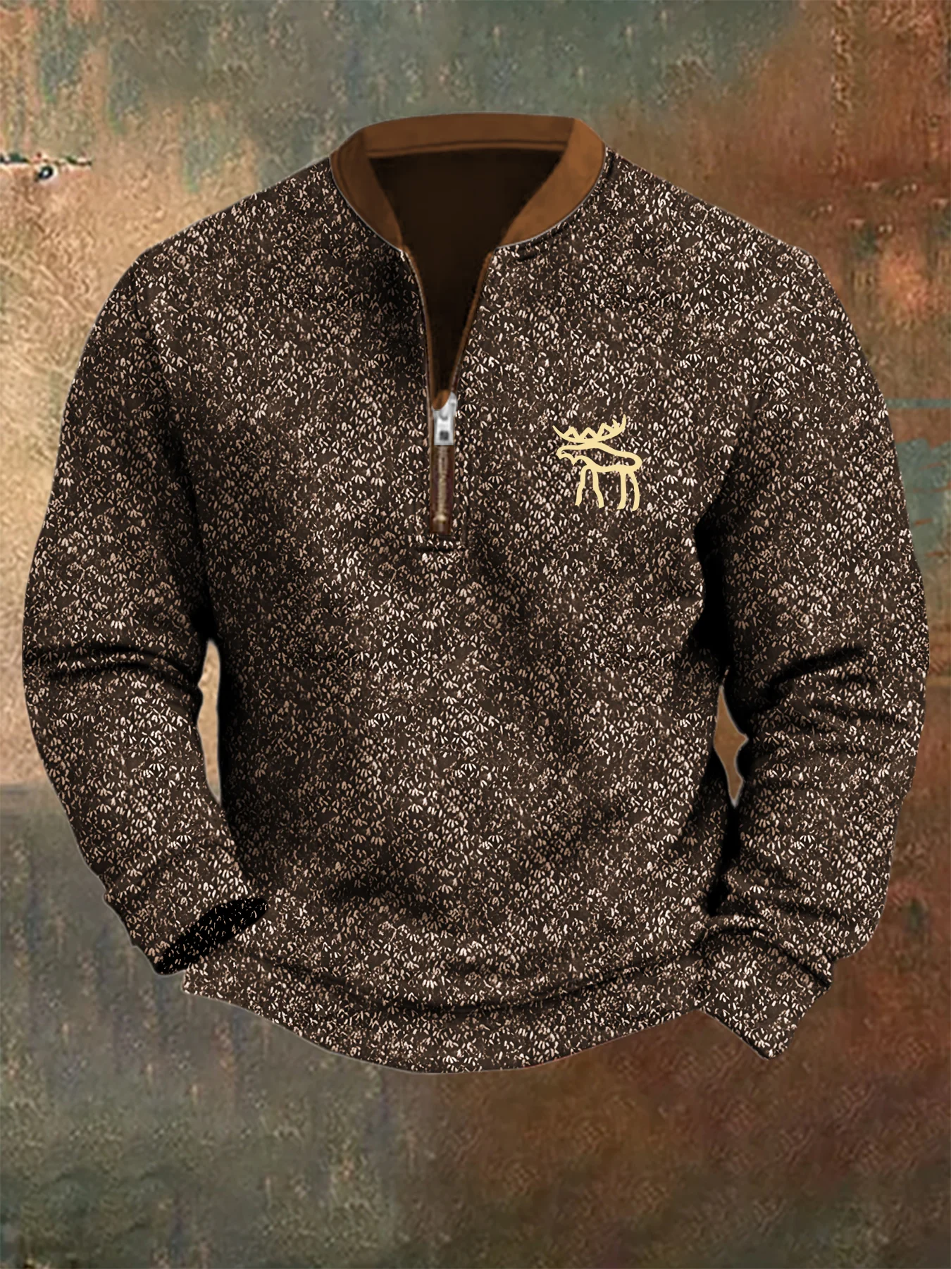 Royaura® Vintage Western Abstract Textured Print Men's Stand Collar Zip Oversized Sweatshirt