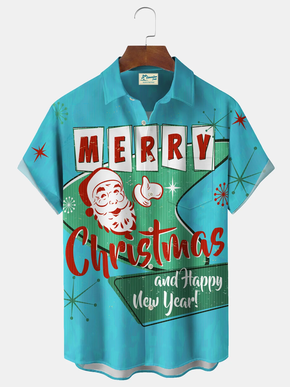 Royaura® Christmas Santa Geometric Boomerang Print Chest Pocket Stretch Shirt Big Tall